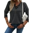 thumbnail image 5 of HUBERY Women Lace Trimmed Spliced V Neck Button Raglan Sleeve Solid Color Top, 5 of 7