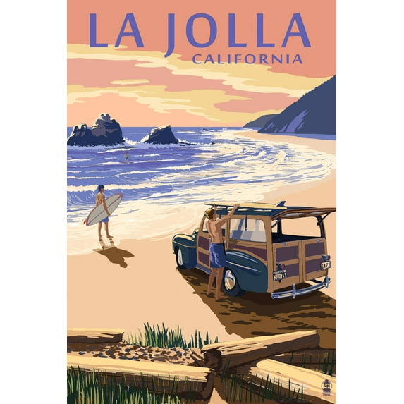 La Jolla, California, Woody on Beach (12x18 Wall Art Poster, Room Decor)