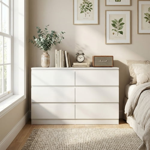 White 6 Drawer Dresser, Modern Dresser for Bedroom, Wood Storage Cabinet with 6 Deep Drawers, Concealed Handles for Living Room, Hallway Entryway