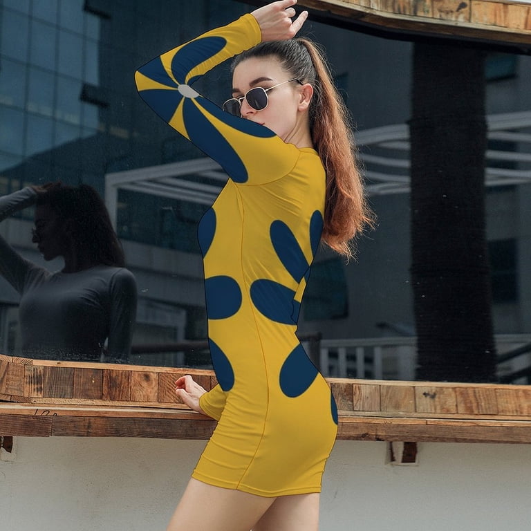 Mustard Yellow Simple Blue Flower Women's Long Sleeve Bodycon Dress Soft  Stretchy For Everyday Wear And Special Occasions - Walmart.com
