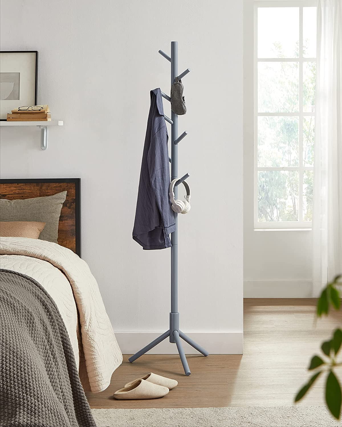 VASAGLE Free Standing Wooden Coat Rack, 8 Hooks, Modern Entryway