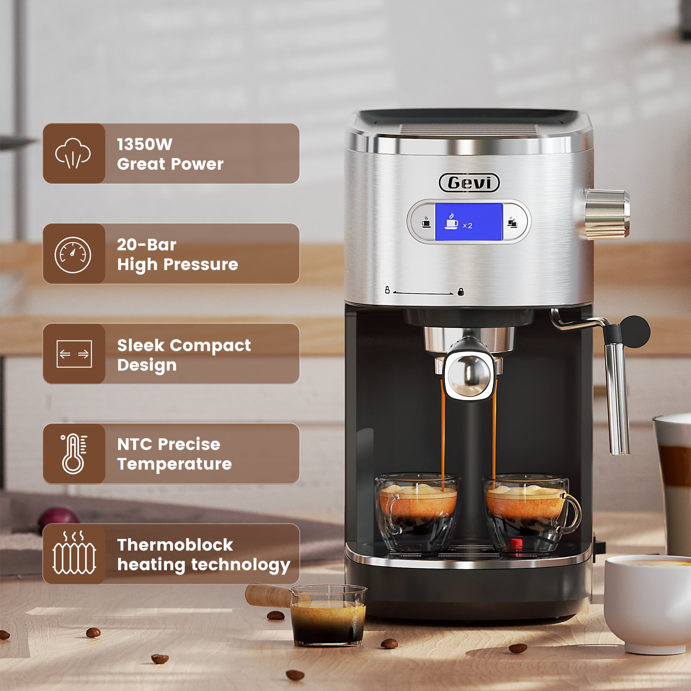 Gevi 20 Bar Espresso Machines, Stainless Steel Cappuccino Coffee Machine with Milk Frother Steam Wand