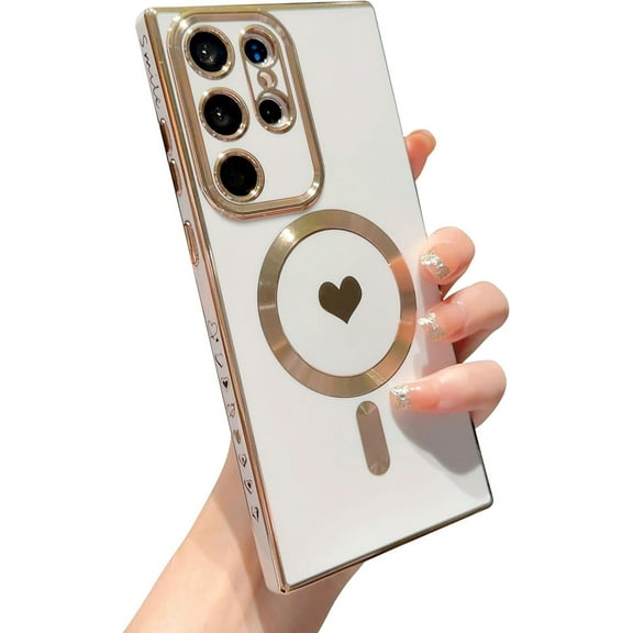 Magnetic Phone Case for Samsung Galaxy S23 Ultra Compatible with MagSafe Cute Heart Case for Women Luxury Plating Full Camera Lens Protect Soft Silicone Cover for S23 Ultra 6.8" (White)