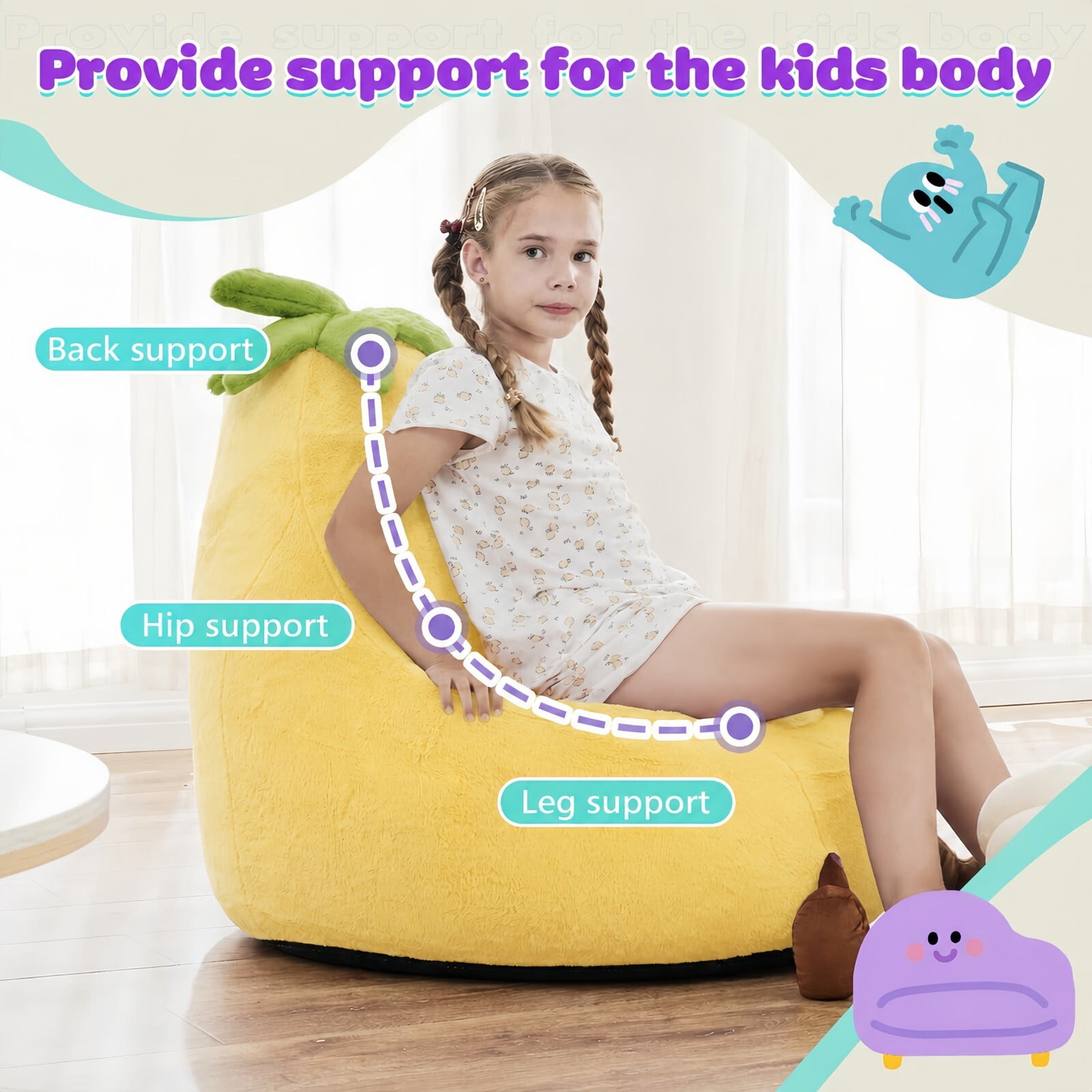 Kelno 24" Kids Bean Bag Chair Faux Rabbit Fur Lazy Chair Toddler Couch, Yellow