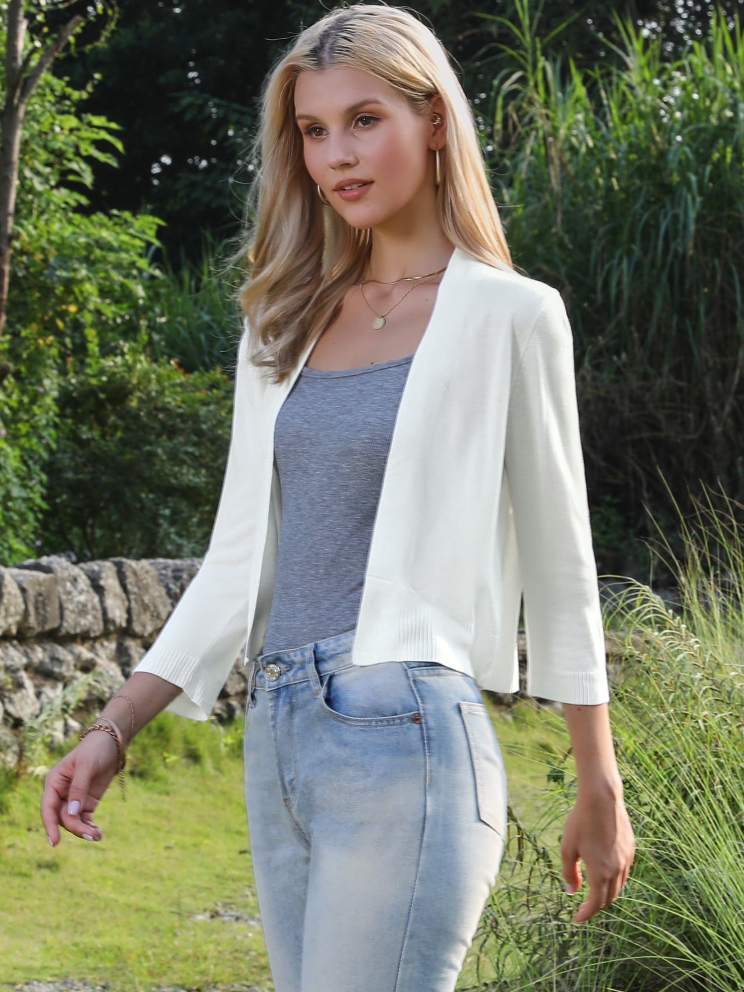 DARING DIVA Women's Cropped Knit Open Front 3/4 Sleeve Bolero Shrug XS White
