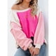 thumbnail image 3 of Sudadera de lana difusa con cuello redondo para mujer, informal, de moda, manga larga abombada, color block, Tops, color rojo rosa XL, 3 of 8