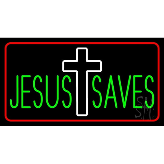 Jesus Saves White Cross Red Border LED Neon Sign 20" Tall x 37" Wide - inches Black Square Cut Acrylic Backing, with Dimmer - Premium built indoor Sign for Home dcor, Religious place, Store.