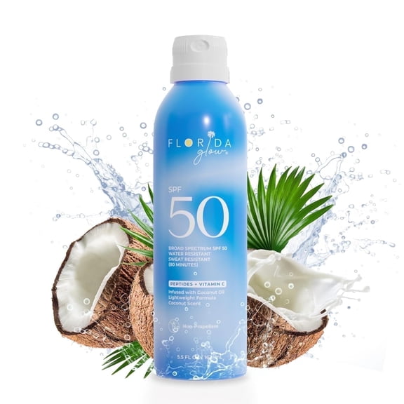 Florida Glow Coconut Oil Sunscreen Spray for All Skin Types, Travel Sunscreen, SPF 50, 5.5 fl oz