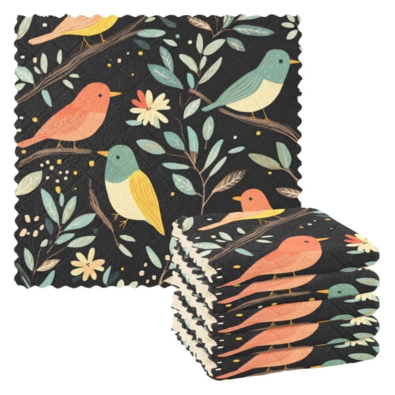 6 Pieces of Kitchen Towels 11x11Inch Kitchen Dish Cloths Kitchen Dish Towels Reuseable Cleaning Cloths Black Background Bird