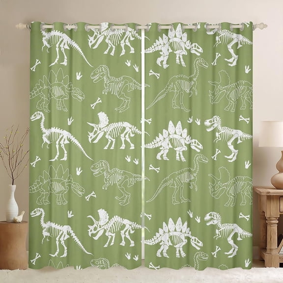 Dinosaur Bones Curtains For Bedroom Living Room Jungle Dino Fossils Darkening Window Drapes For Boys Girls Wild Animals Blackout Curtain Green White 42"W x 63"L (Pack of 2)