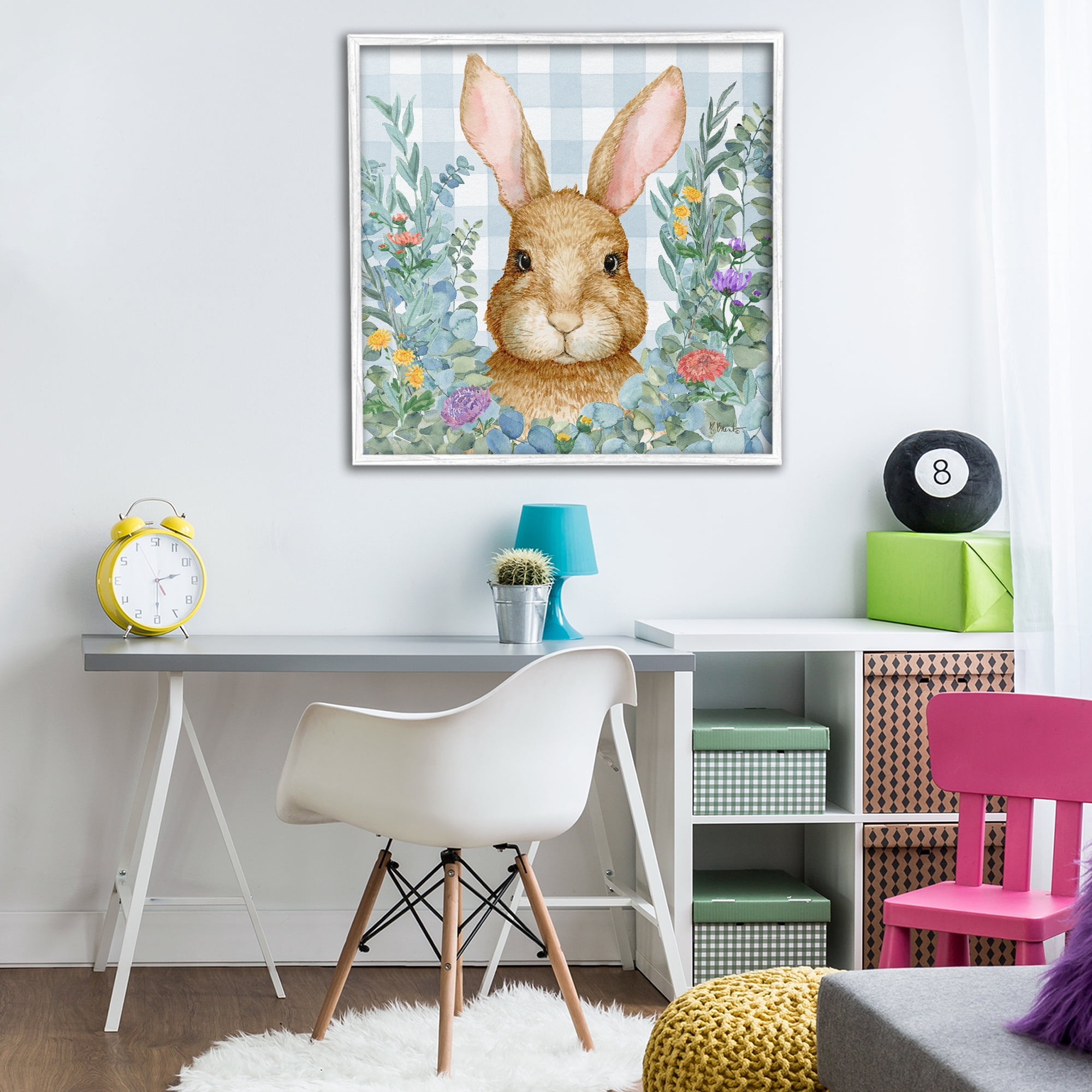 Stupell Industries Rabbit Laurel on Gingham White Framed Giclee Art, design by Paul Brent