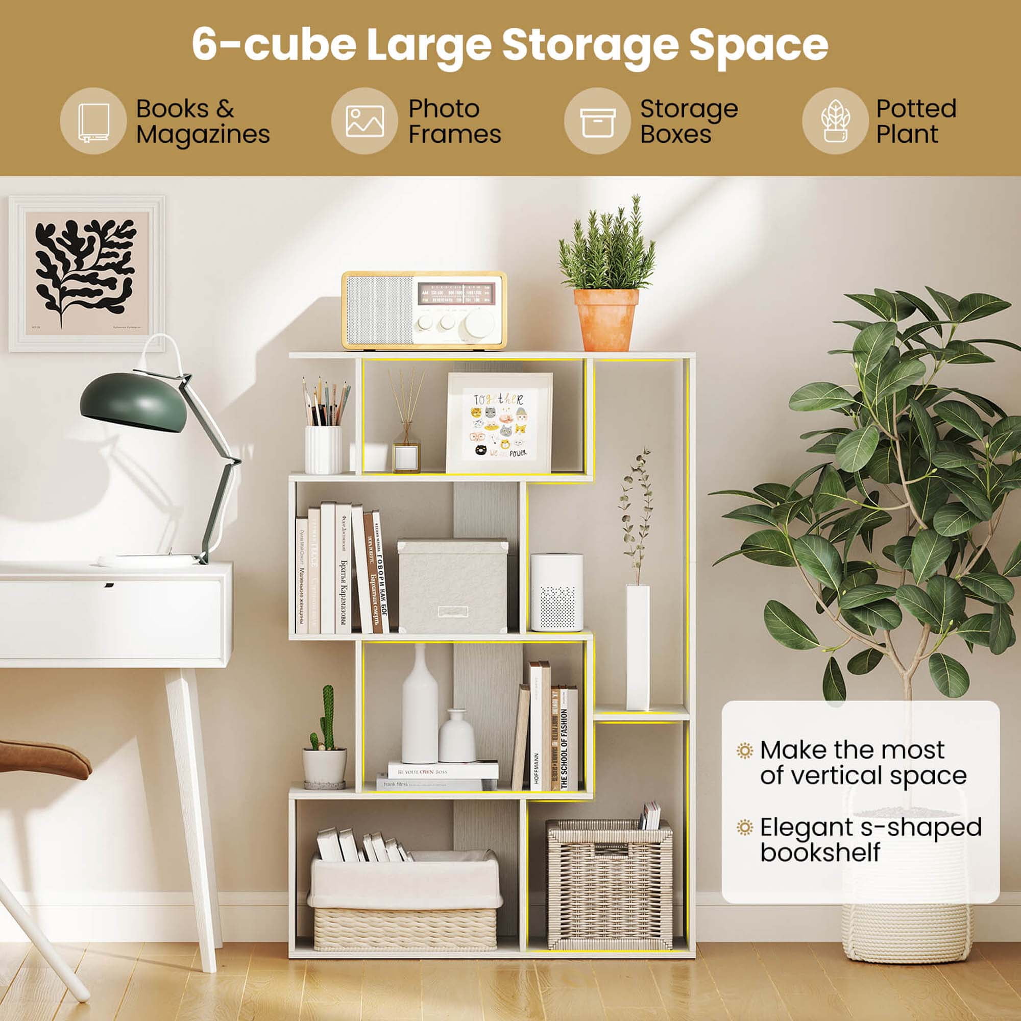 Costway 47" Open-back Geometric Bookshelf Home 6-Cube Large Bookcase with Anti-tip Kits White