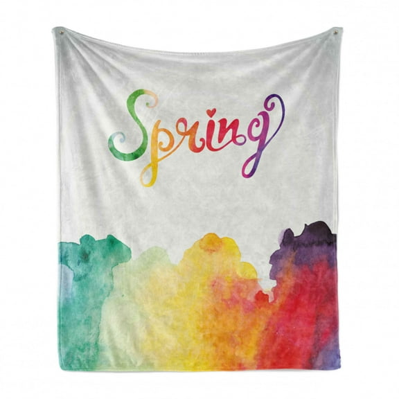Saying Soft Flannel Fleece Throw Blanket, Spring Lettering with Rainbow Fog Like Ombre Colored Romantic Modern Image Print, Cozy Plush for Indoor and Outdoor Use, 60" x 80", Multicolor, by Ambesonne