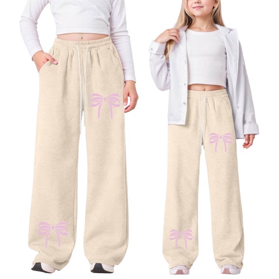 JIAYUE Kids Girls Valentines Day Trousers Bowknot Print High Waisted Straight-Leg Long with Drawstring Girlfriend Slacks For Teens Stylish Everyday Pants