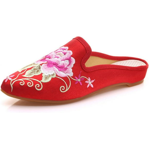 Qhome Women's Chinese Floral Peony Embroidery Pointed-Toe Comfortable Satin Casual Mules House Pumps Slippers Shoes