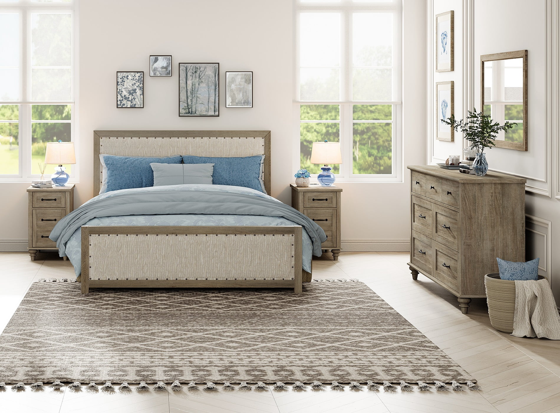 3 Piece Dresser and Nightstand Sets, Farmhouse Dresser with 7 Drawers, Set of 2 Night Stands with Charging Staion & Cabinet, 3 Piece Bedroom Set, Grey