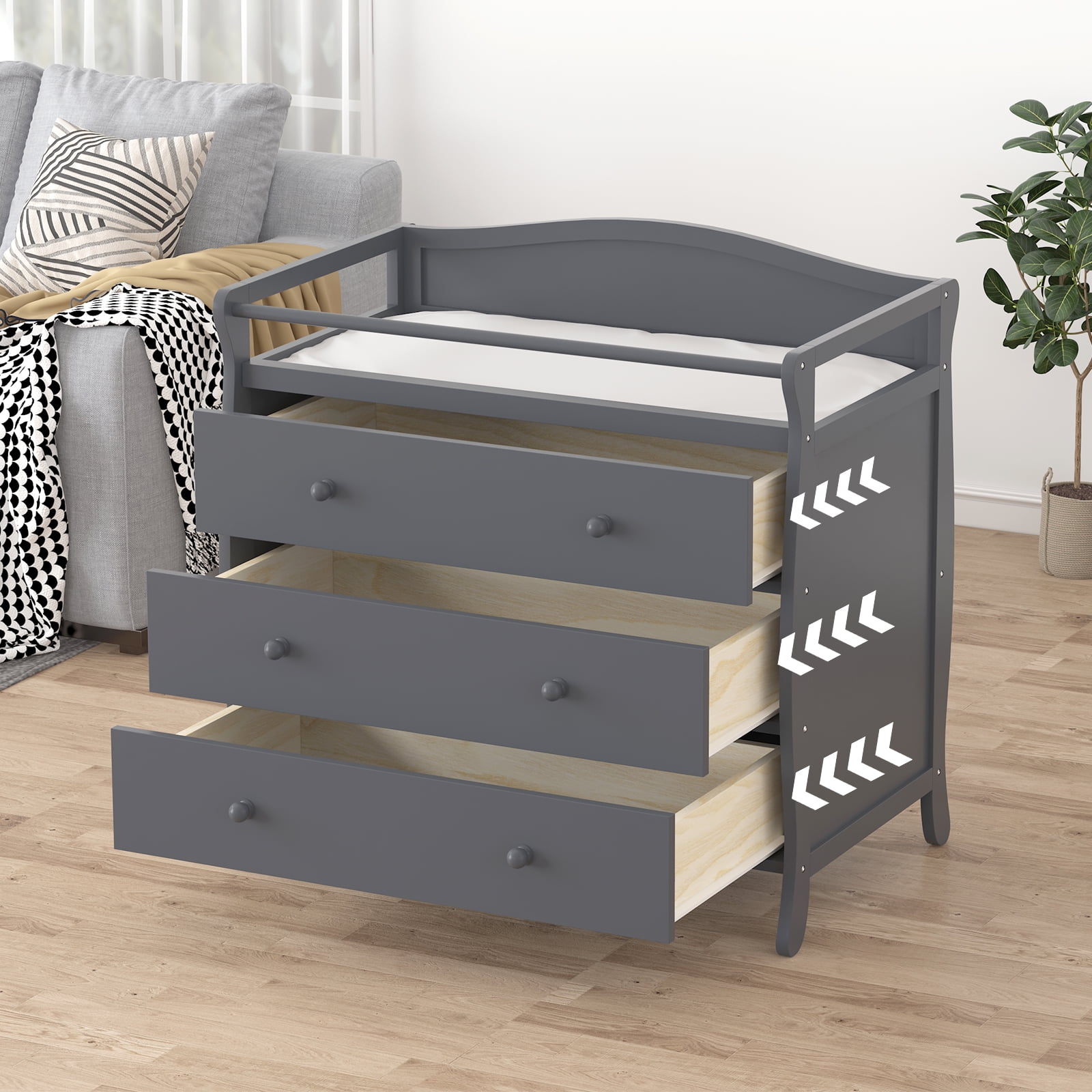 Roromall 3-Drawer Changing Table, Wooden Diaper Changing Table, Infant Diaper Changing Station Dresser with 3 Drawers, Safety Rail & Strap for Bedroom, Nursery