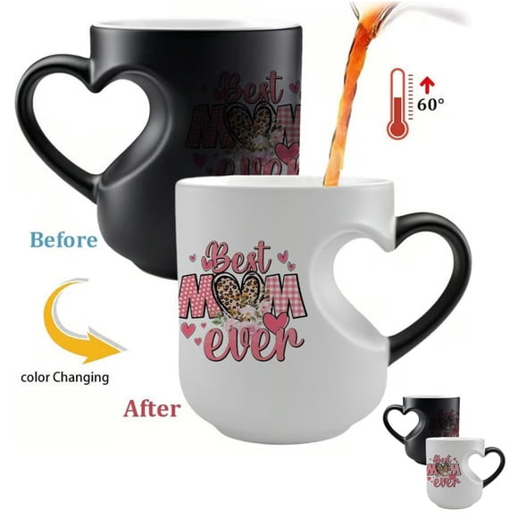 Ceramic Coffee Mug with Heart-Shaped Handle Best Mom Ever Color Changing Cup Unique Mother's Day Gift for Mom Grandma