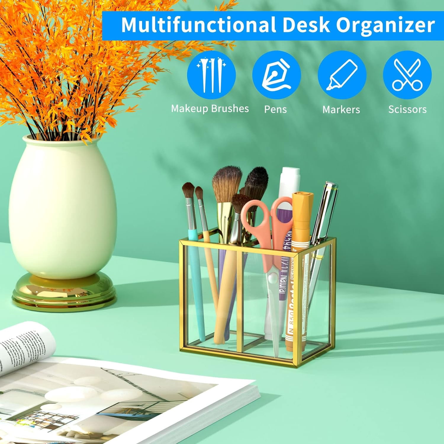 Gold Acrylic Pen Holder for Desk, Clear Pencil Cup Organizer Makeup Brush Holder, Acrylic Desk Organizers and Accessories for Desktop Office - 2 Compartments