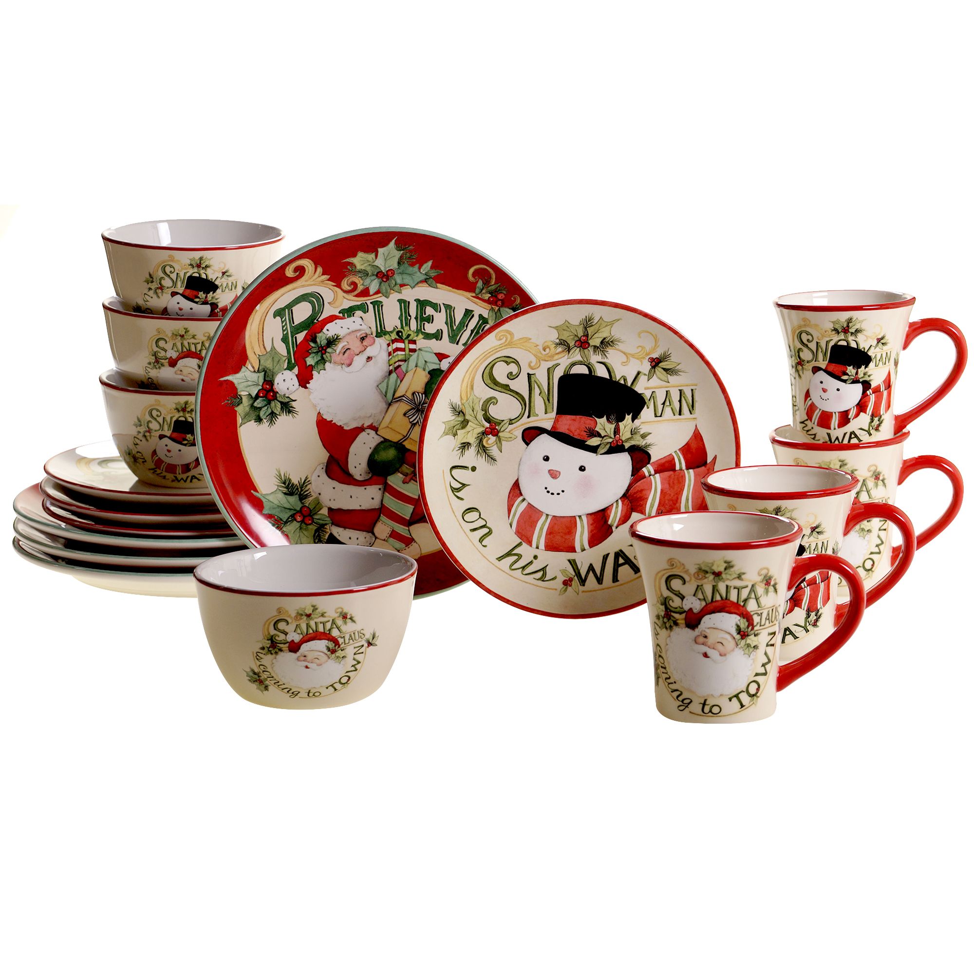 16pc Red Santa and Snowmen Christmas Dinnerware Set - Walmart.com - Walmart.com