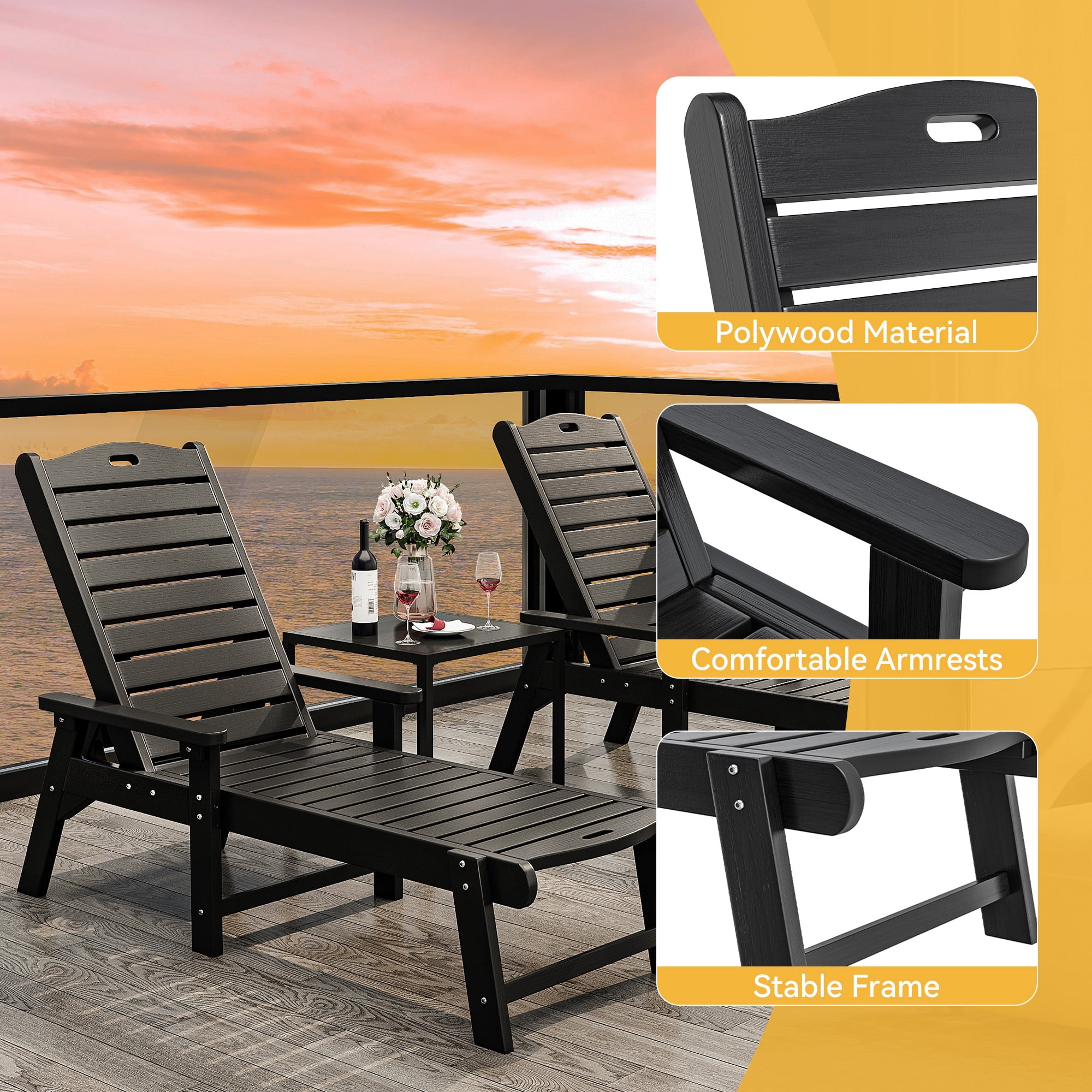 Uforic Outdoor Chaise Lounge Chair Set of 4 with Adjustable Backrest, Heavy Duty Resin Patio Lounger with Wide Armrest and 350lbs Capacity for Outside Poolside Beach Backyard, Waterproof, Black
