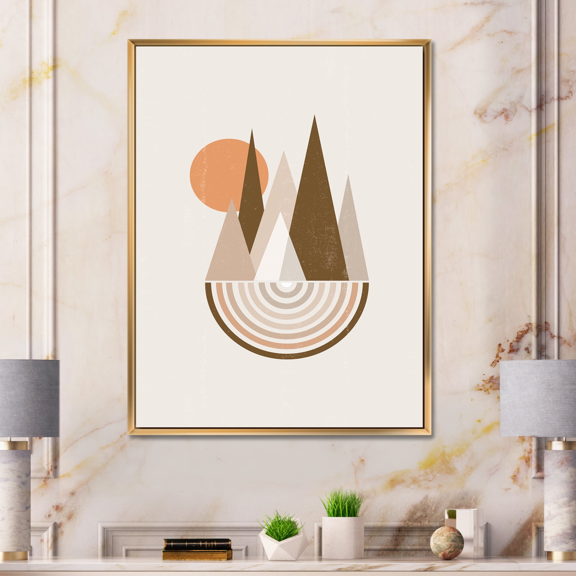 Designart 'Minimalistic Red Full moon Landscape With Mountain' Modern Framed Canvas Wall Art Print