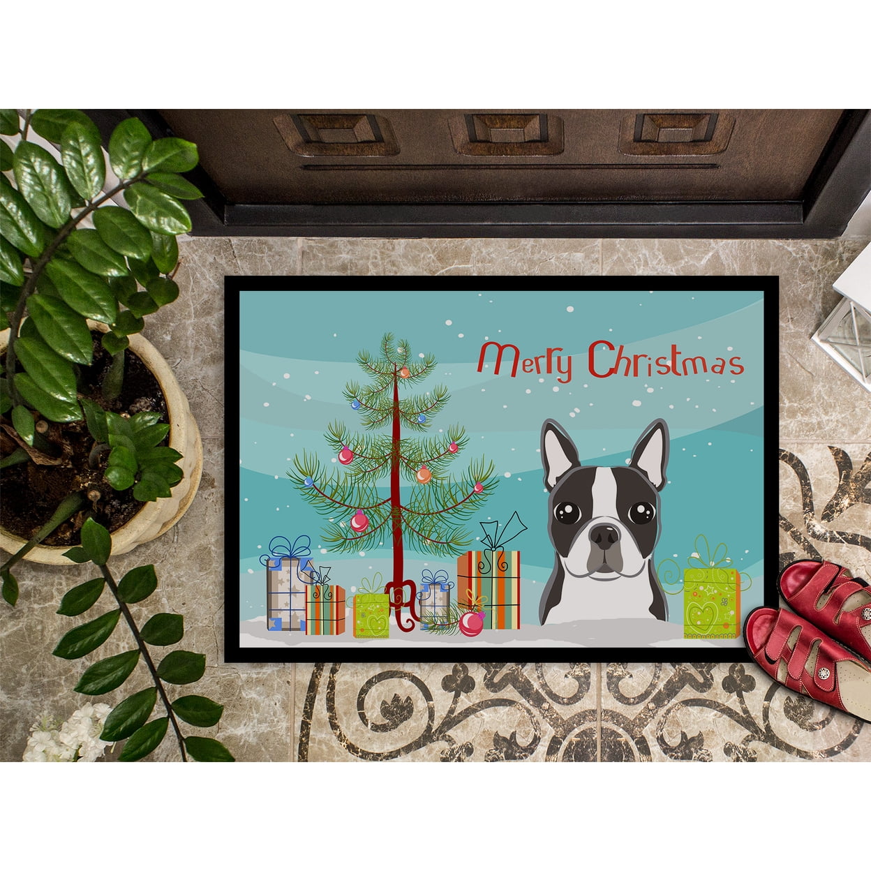 Christmas Tree and Boston Terrier Door Mat