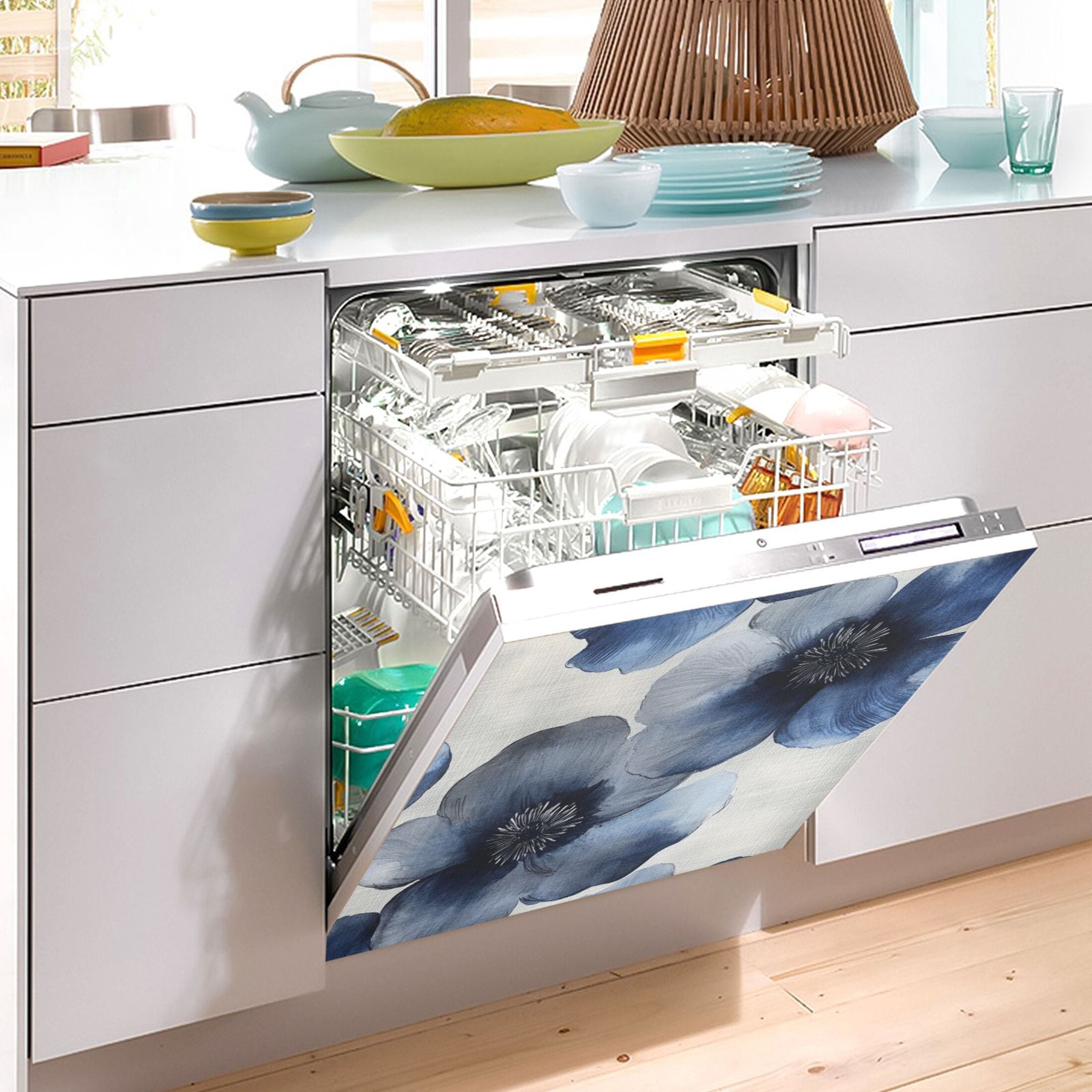 Dishwasher Magnetic Sticker 23x26 Inch Refrigerator Magnetic Sticker Washing Machine Magnetic Sticker Kitchen Panel Magnetic Sticker Home Decor Colorful Blue Flowers