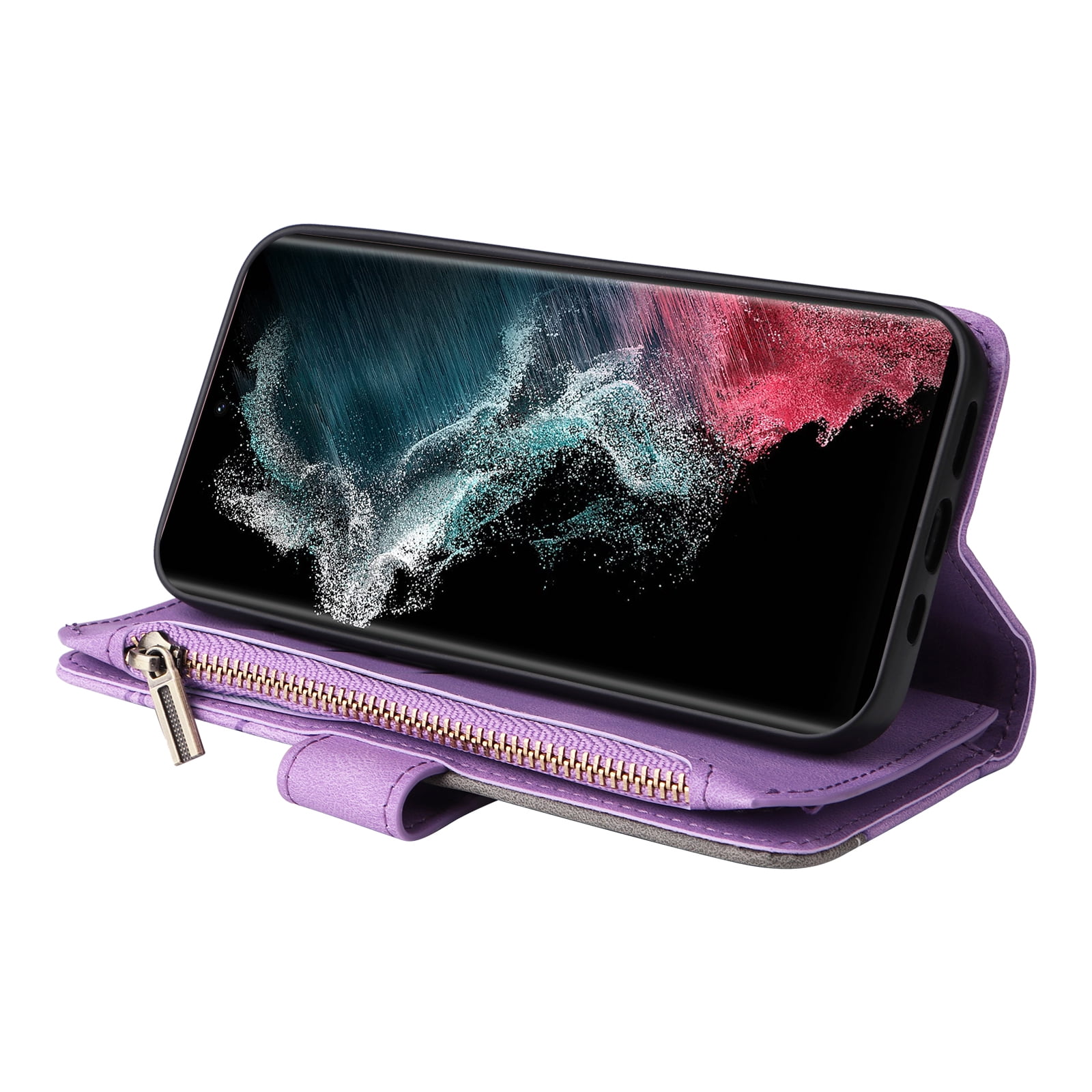 Dteck for Samsung Galaxy S23 Ultra Case Wallet with 9 Card Slots, Zipper Pocket PU Leather Folio Flip Phone Case with Wristlet Strap for Samsung Galaxy S23 Ultra 6.8 Inch, Purple