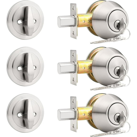 3 Pack Satin Nickel Single Cylinder Deadbolt Lock Set, Keyed One Side Door Lock for Exterior and Interior Door, All Keyed Alike