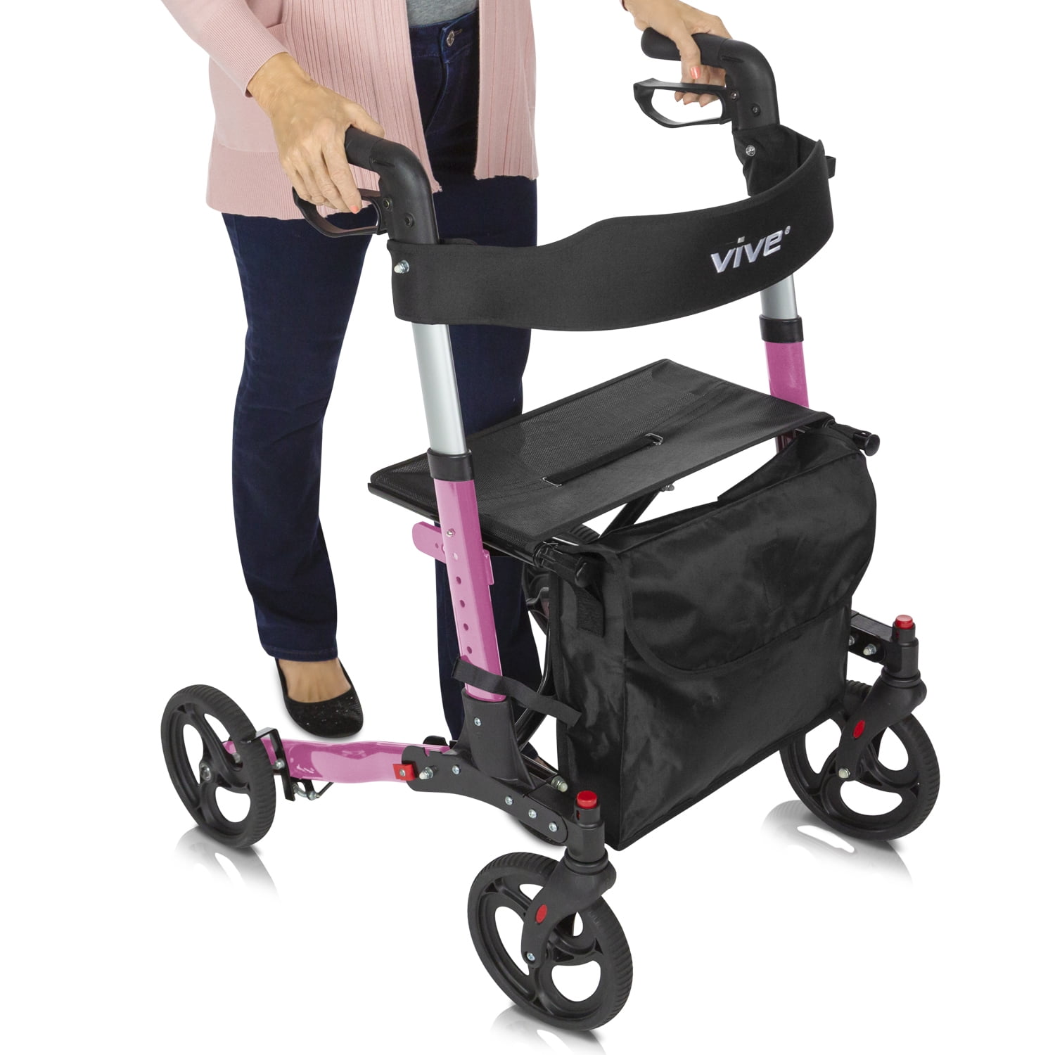 Vive Folding Rollator Walker - 4 Wheel Medical Rolling Walker with Seat & Bag - Mobility Aid for 