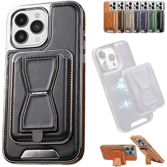 Symmetry Funda de cuero de lujo para teléfono con cinta magnética extraíble, funda de cuero para teléfono con tarjetero, funda de carga magnética inalámbrica para iPhone 15 14 13 12 Pro Max (negro, pa