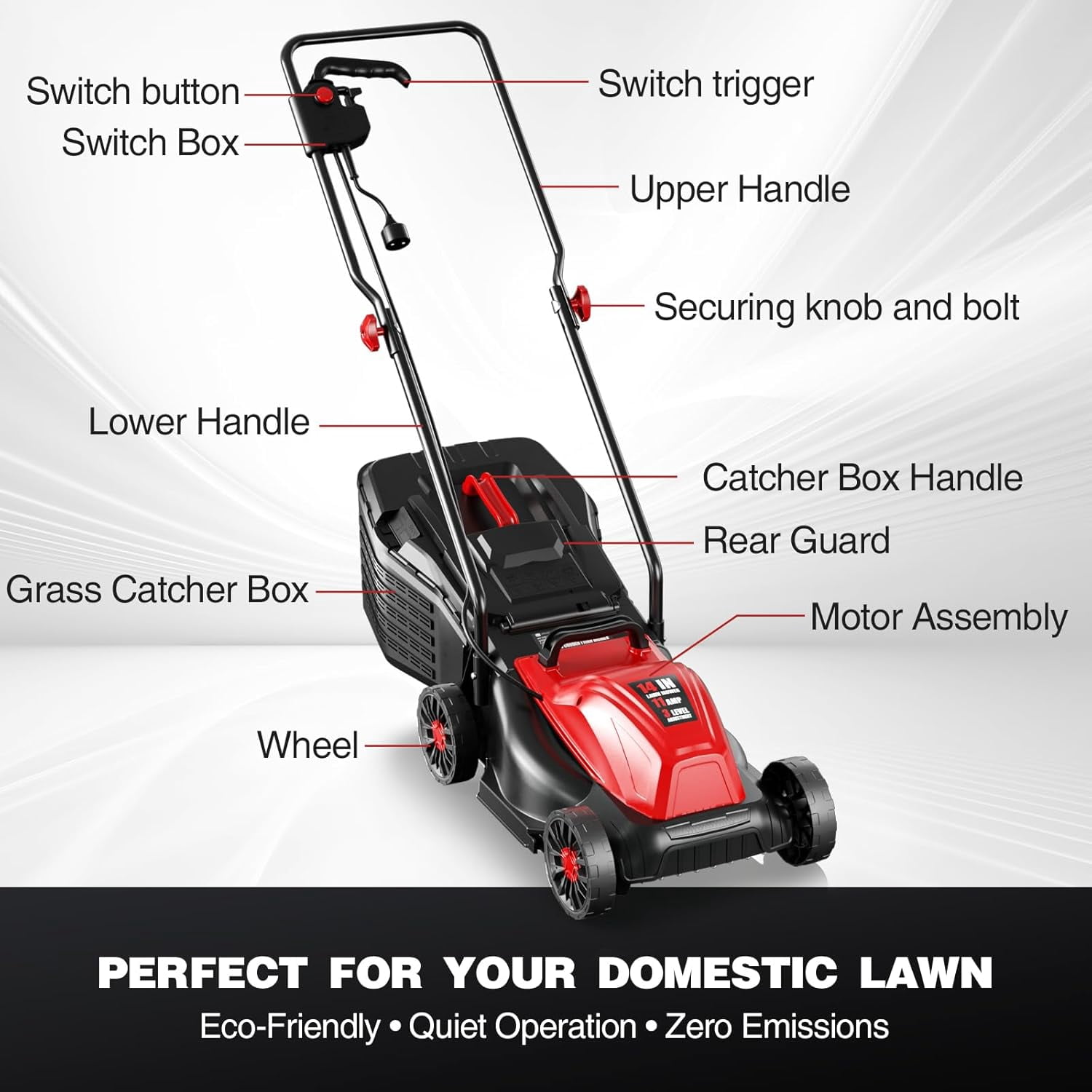 Red 14" Electric Lawn Mower, Corded Lawn Mower with 3-Position Height Adjustment, Walk-Behind Push Mowers