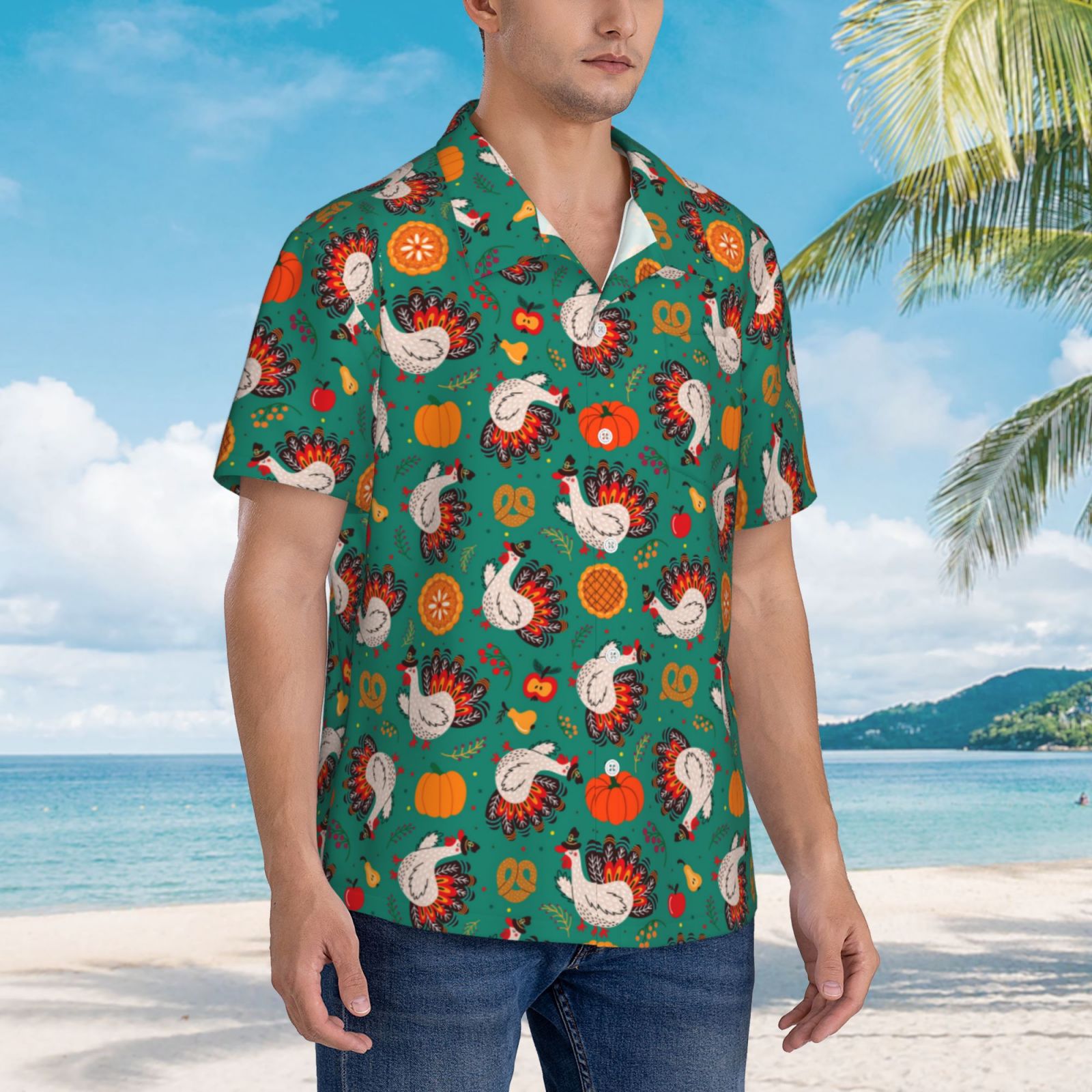 Logiee Turkey And Thanksgiving1 Print Mens Hawaiian Shirts,Loose-Fit Short Sleeve Button Down Tropical Aloha Beach Shirt,Summer Vacation Wedding Tops,3X-Large