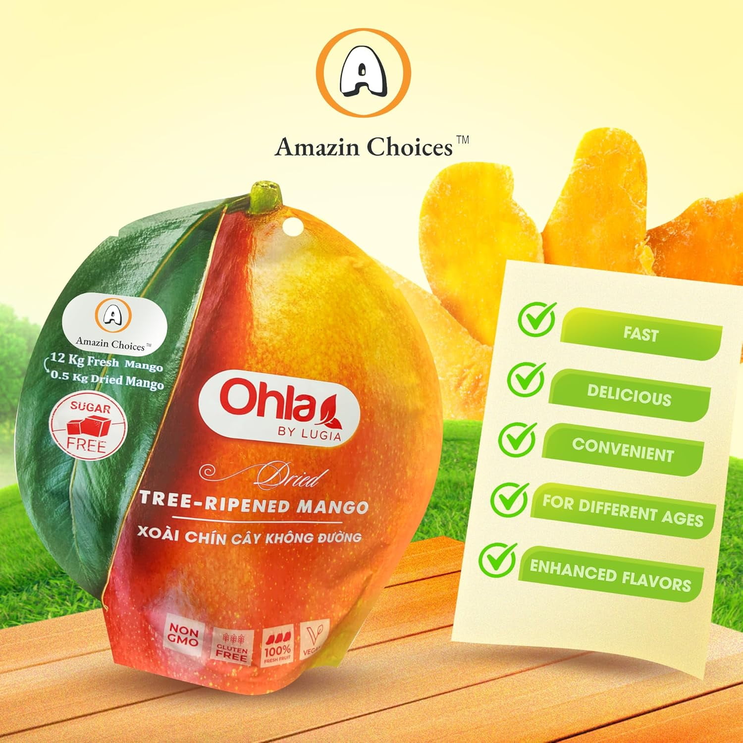 (5 pack) Amazin Choices Dried Tree-Ripened Mango Slices, Sugar-Free, Vegan, Gluten-Free, Fruit Snack, 7.05 oz