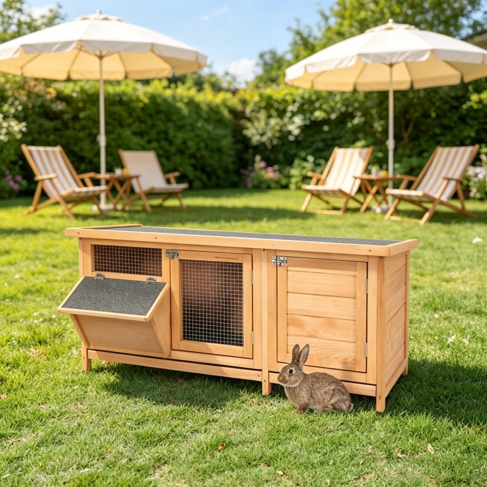 Outdoor 2-Room Fir Wood Rabbit Hutch, Weatherproof Asphalt Roof Small Animal Cage with Pull Out Trays, Predator Resistant Steel Wire Bunny House for Rabbits Guinea Pigs Backyard Patio Use