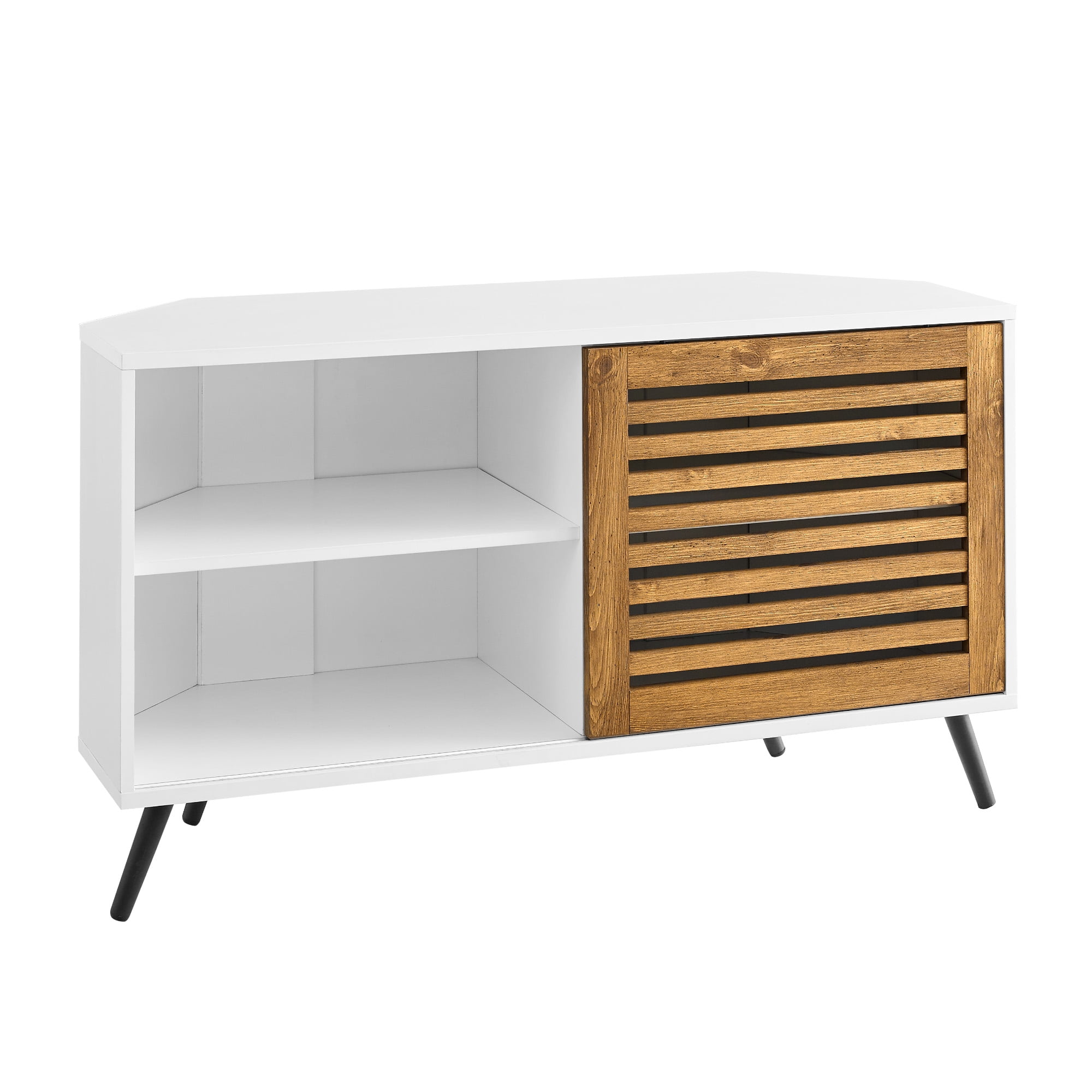 Manor Park Contemporary Boho Sliding Door Corner TV Stand, White