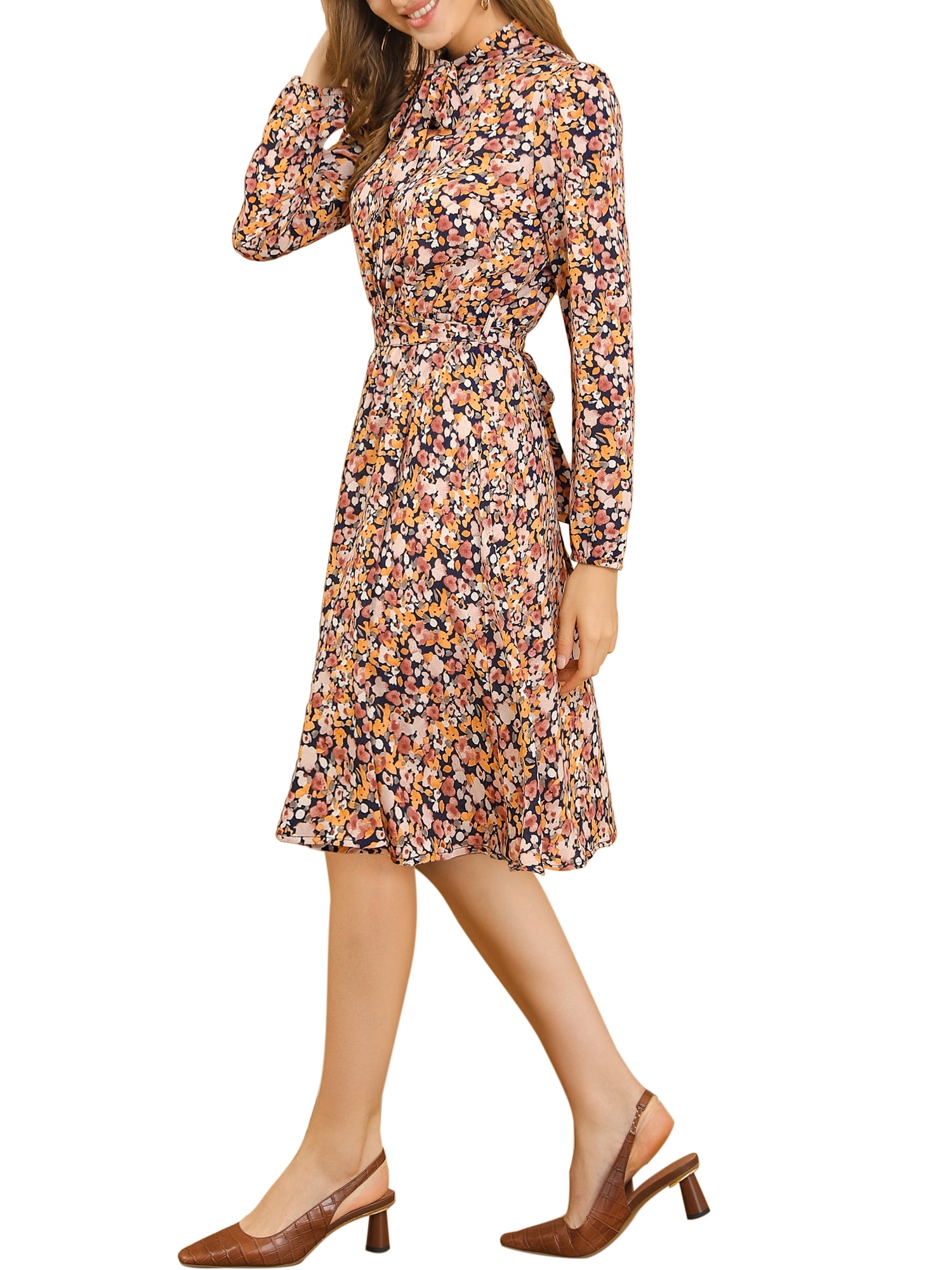 DARING DIVA Tie Neck Chiffon Belted Vintage Floral Midi Dress S Yellow