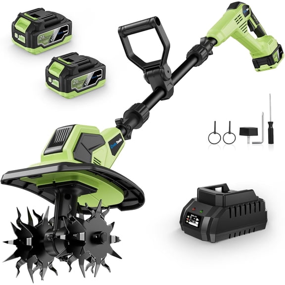  21V Cordless Garden Tiller Cultivator 360RPM Electric Rototiller 9" Tilling Width 6.7" Depth Mini Soil Tiller with 2×4.0Ah Batteries & Fast Charger for Lawn Vegetable Gardening