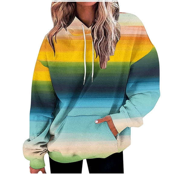 successthop Womens Oversized Hoodie with Pockets Drawstring Long Sleeve Drop Shoulder Top Colorful Stripe Sweater Blue L