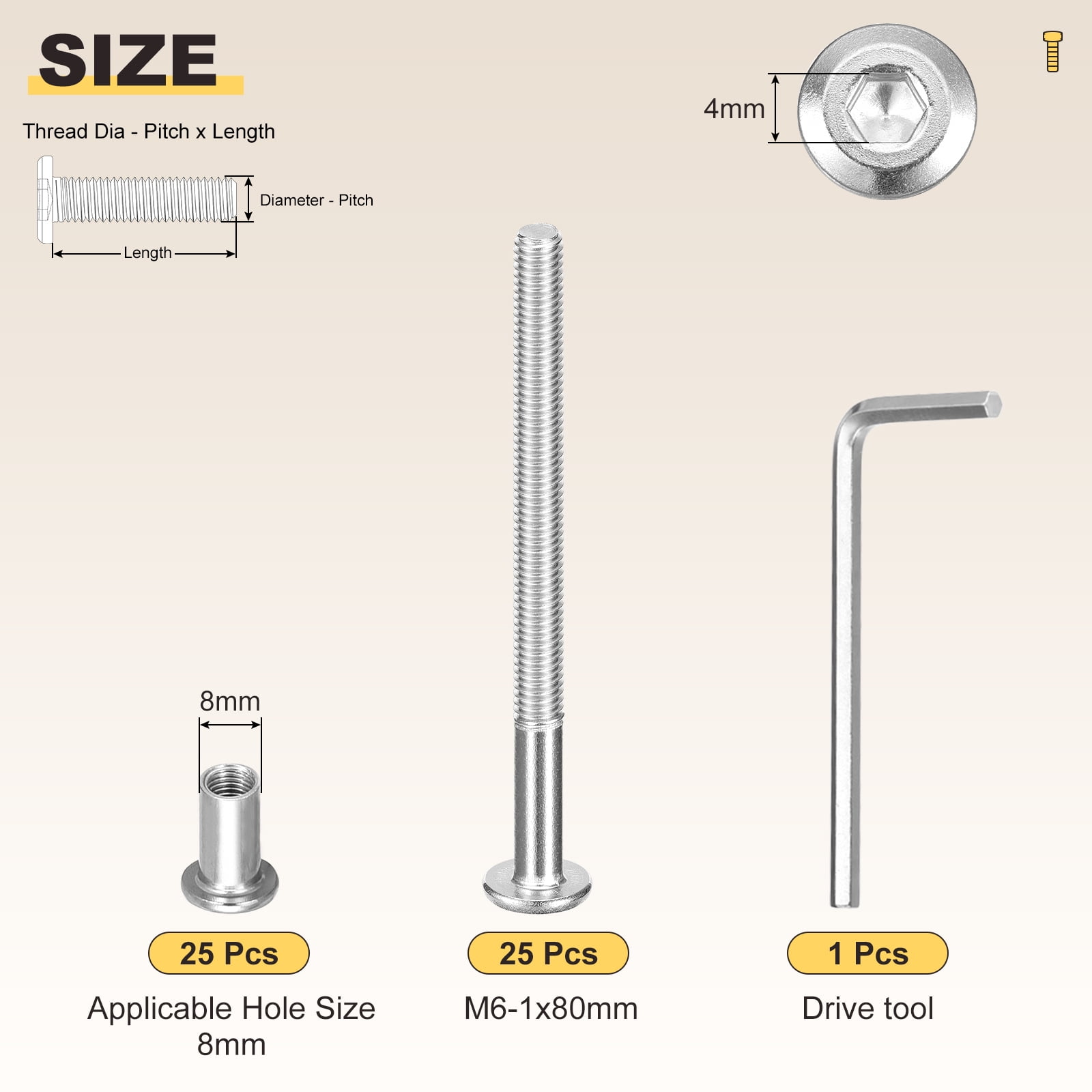 Furniture Connector Bolt Cap Nut Kit with Wrench(M6-1x80mm) 50Pcs, Connector Bolts M6 Countersunk Screw Barrel Nuts Binding Screws, for Chair Cabinet Bed, Silver