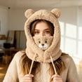 thumbnail image 5 of Women Winter Bear Ear Hat Adorable Super Soft Thickened Cold Proof Ear Beanie Plush Hat with Face Guard Khaki, 5 of 6