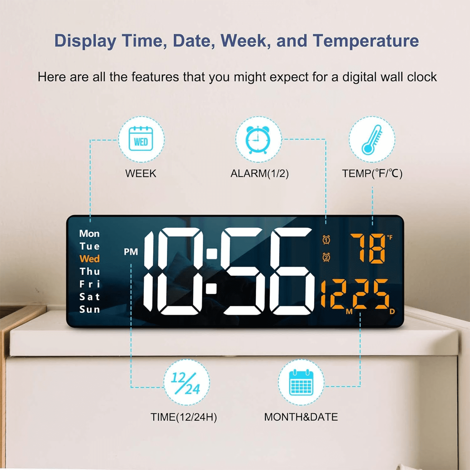Soapow Large Digital Wall Clock, 16" LED Auto Brightness Dimmer Clock with Remote Control, Date Week Temperature for Living Room Decor