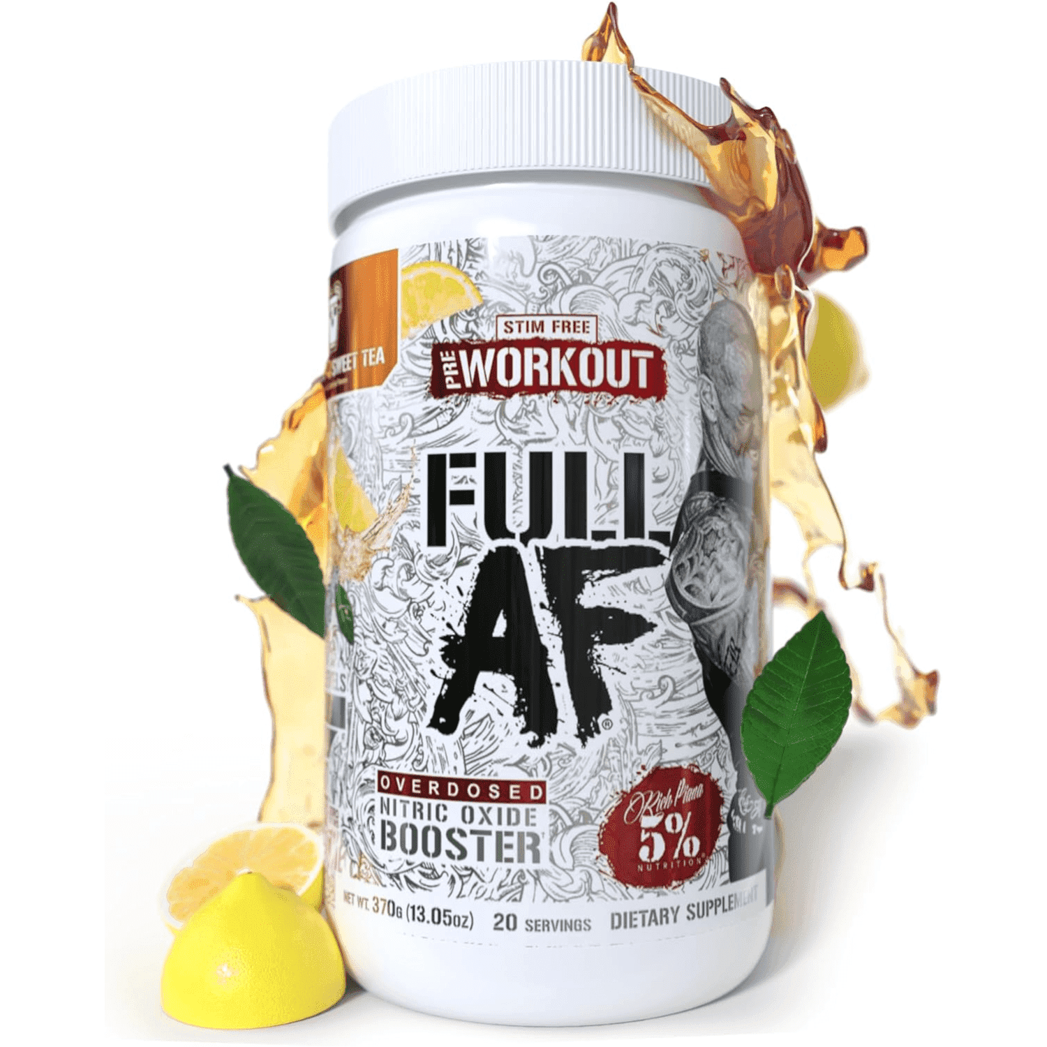 5% Nutrition Full AF Pre-Workout Stim-Free Powder Supplement, Caffeine-Free Max Pumps, 20 Servings (Southern Sweet Tea)