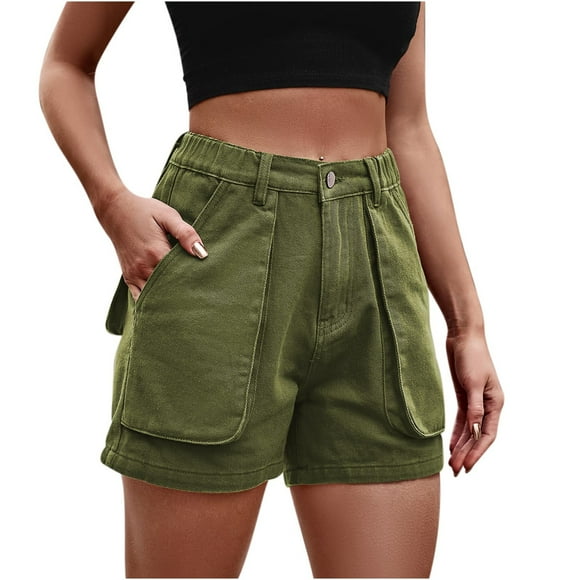 Women's Casual High Waisted Button Cargo Shorts Denim Jean Shorts Stretch Relaxed Fit Hiking Shorts with Pockets