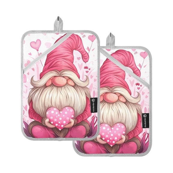 Cute Valentine Gnome with Heart Cartoon Potholders Heat Resistant Pot Holder Set of 2 Oven Hot Pads with Pocket