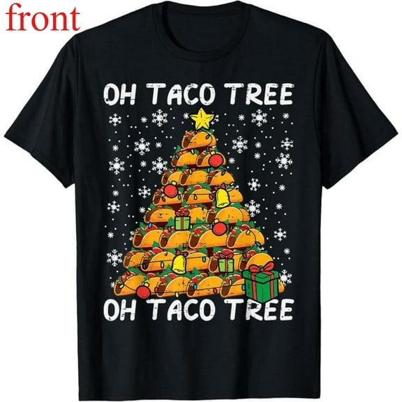 Unisex Black T-Shirt Graphic Tees "Oh Taco Tree" Humor Christmas Design Shirts S-5XL Casual Daily Tops