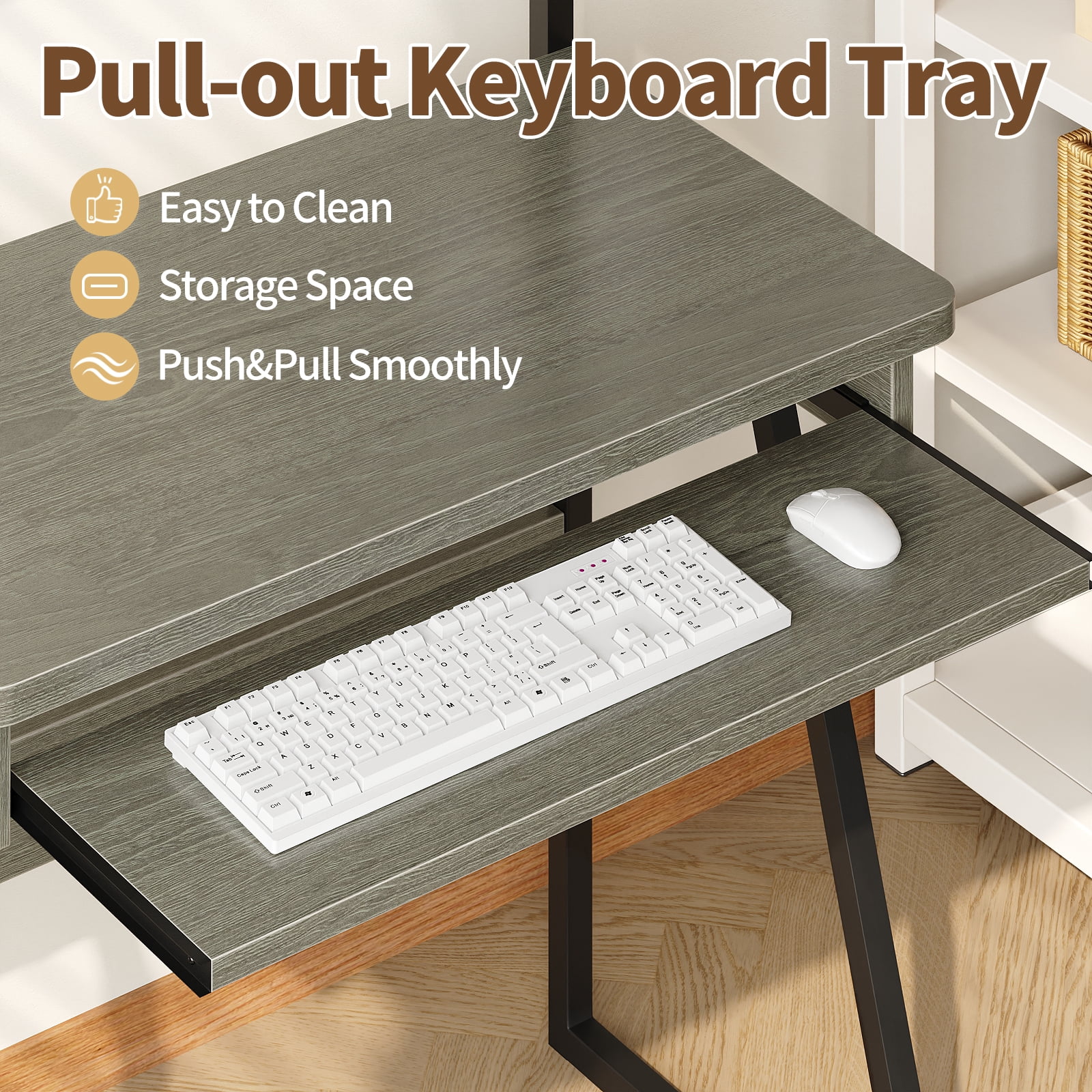 MIN EN WIN 2 Tiers Small Computer Desk for Small Space, Compact Laptop Table Workstation with Keyboard Tray, Study PC Table for Home Office,Gray Oak