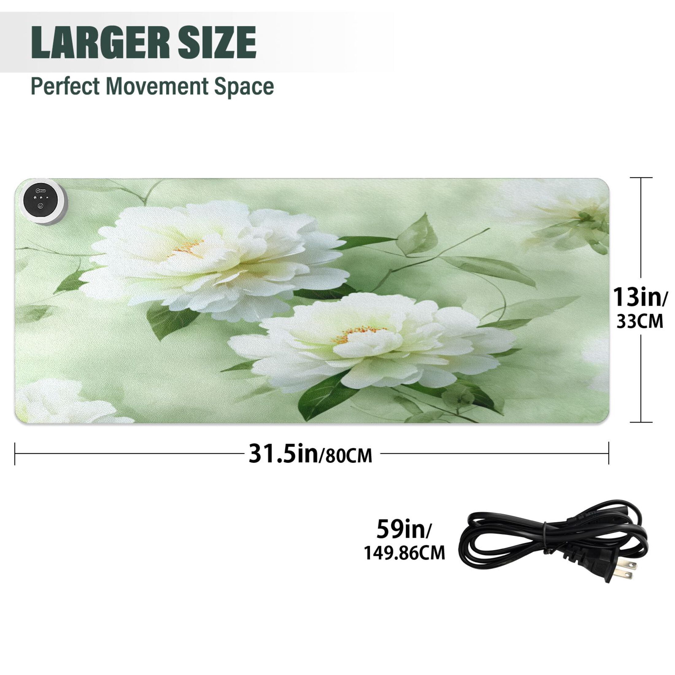 Large Heated Desk Mat Mouse Pad 31.5"x13"PU Leather Graphene Heating Desk Warmer with 3 Temperature Settings 110V US Plug Non-Slip Warm Pad for Home, Office, and Gaming Serene Mint Peony Blooms