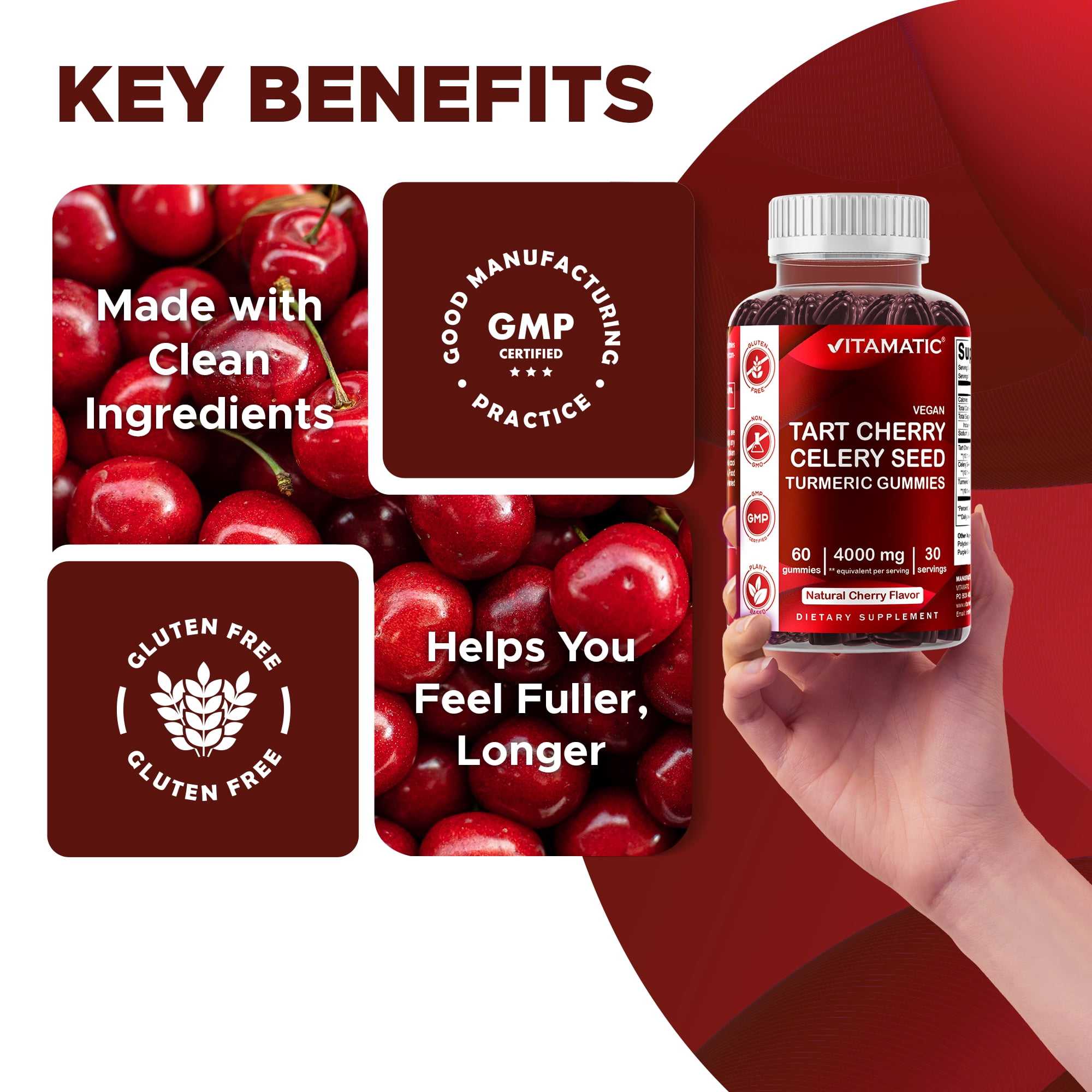 (3 pack) VVitamatic Tart Cherry (360 mg) with Celery Seed (30 mg) 10:1 Extract & Turmeric 20:1 Extract (10 mg) - (Per Serving/2 Gummies) - 60 Gummies